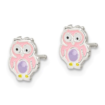 Sterling Silver Polished & Multi-color Enameled Owl Children's Post Earrings — alternate view