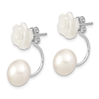 Sterling Silver Rhodium-plated 8-9mm White Button Freshwater Cultured Pearl and Mother Flower Front and Back Post Earrings — alternate view