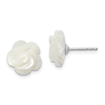 Sterling Silver Rhodium-plated 10mm White Mother of Pearl Flower Post Earrings