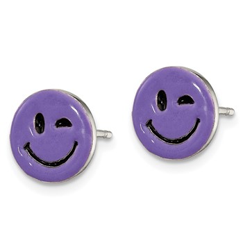Sterling Silver Purple Enamel Winking Smiley Face Post Earrings — alternate view