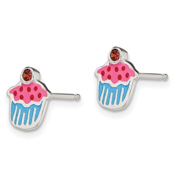 Sterling Silver Polished Enamel Garnet Cupcake Childs Post Earrings — alternate view