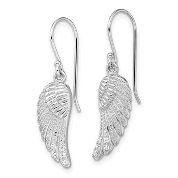 Sterling Silver RH-plated Polished/Textured CZ Wings Dangle Earrings — alternate view