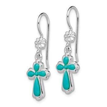 Sterling Silver Rhodium-plated Polished Imitation Turquoise Cross & Flower Dangle Earrings — alternate view