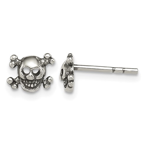Sterling Silver Polished and Antiqued Skull Post Earrings
