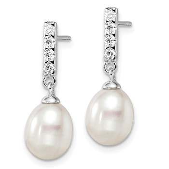 Sterling Silver Rhodium-plated 8-9mm White Teardrop Freshwater Cultured Pearl and CZ Post Earrings — alternate view