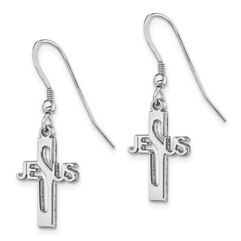Sterling Silver Rhodium-plated Polished JESUS Cross Dangle Earrings — alternate view