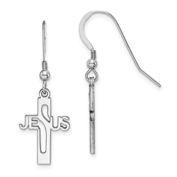 Sterling Silver Rhodium-plated Polished JESUS Cross Dangle Earrings