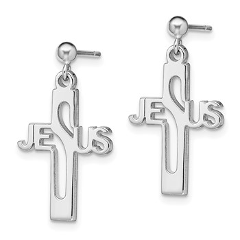 Sterling Silver Rhod-plated Polished JESUS Cross Post Dangle Earrings — alternate view