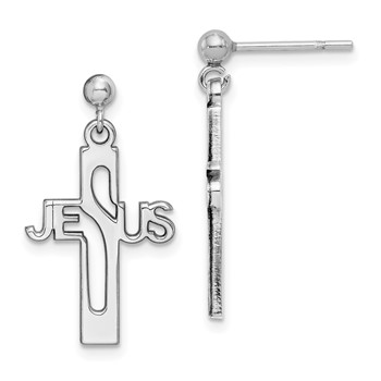 Sterling Silver Rhod-plated Polished JESUS Cross Post Dangle Earrings