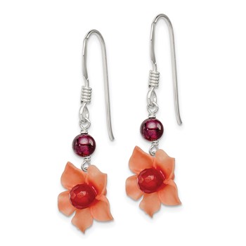 Sterling Silver Polished Garnet & Carnelian Flower Dangle Earrings — alternate view