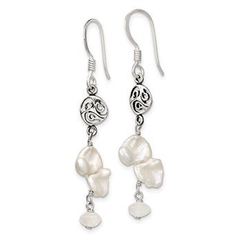 Sterling Silver Polished White 5-9mm Baroque Freshwater Cultured Pearl and Moonstone Fancy Dangle Earrings — alternate view