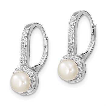 Sterling Silver Rhodium-plated 5-6mm White Button Freshwater Cultured Pearl and CZ Halo Leverback Dangle Earrings — alternate view