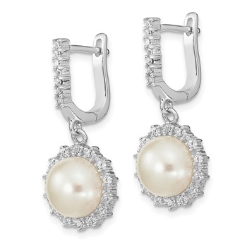 Sterling Silver Rhodium-plated 8-9mm Button FWC Pearl Hoop Dangle Earrings — alternate view