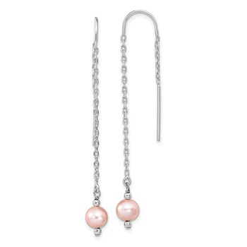 Sterling Silver Rhodium-plated 6-7mm Pink Semi-Round Freshwater Cultured Pearl Threader Earrings