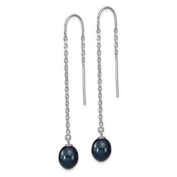 Sterling Silver Rhodium-plated 7-8mm Black Teardrop Freshwater Cultured Pearl Threader Earrings — alternate view