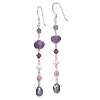 Sterling Silver Polished Amethyst, Lavendar Jade, White & Black Freshwater Cultured Pearl Dangle Earrings — alternate view