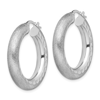 Sterling Silver Rhodium-plated Diamond-cut Polished/Satin 5mm Hoop Earrings — alternate view