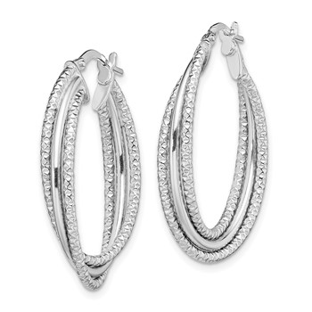 Sterling Silver Rhodium-plated Polished and Textured Triple Hoops — alternate view