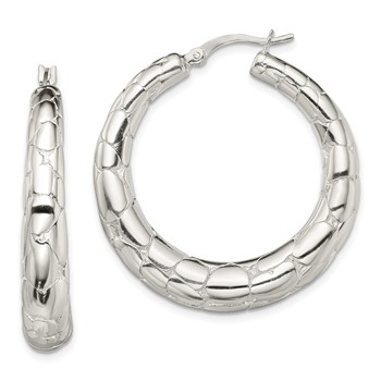 Sterling Silver Polished & Pebbled Round Hoop Earrings