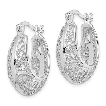 Sterling Silver Rhod-plated Polished & Filigree Round Hoop Earrings — alternate view