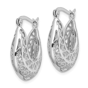 Sterling Silver Rhodium-plated Polished & Filigree Hoop Earrings — alternate view