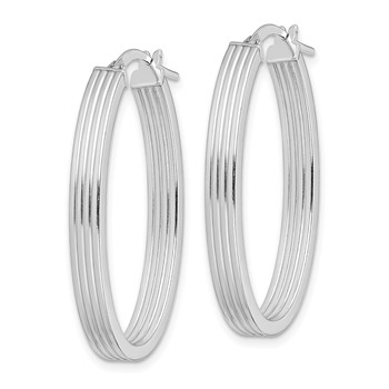 Sterling Silver Rhod-plated Polished & Striped 4mm Oval Hoop Earrings — alternate view