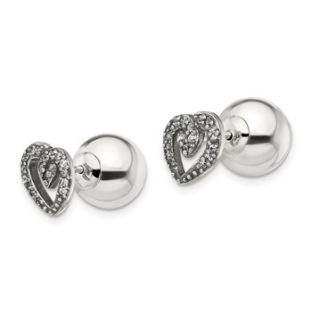Sterling Silver Polished w/CZ Heart Front Back Post Earrings — alternate view