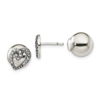 Sterling Silver Polished w/CZ Heart Front Back Post Earrings