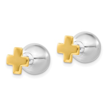 Sterling Silver & Gold-tone Polished Cross Front Back Ball Post Earrings — alternate view