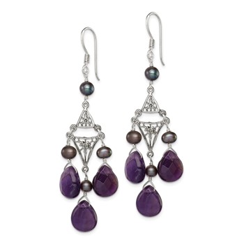 Sterling Silver Antiqued Floral Filigree Amethyst/FWC Pearl Dangle Earrings — alternate view