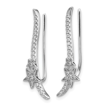 Sterling Silver Rhodium-plated CZ Curved Line & Stars Ear Climber Earrings — alternate view