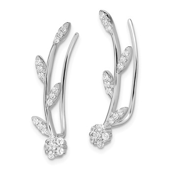 Sterling Silver Rhodium-plated Polished CZ Flower w/Stem Ear Climber Earrin — alternate view