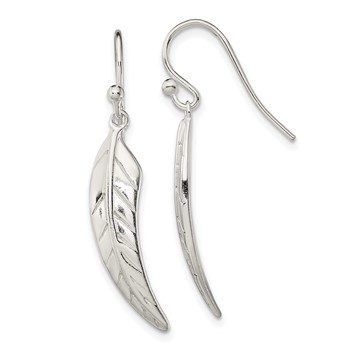 Sterling Silver Polished Leaf Dangle Shepherd Hook Earrings