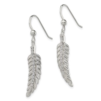 Sterling Silver Textured CZ Feather Shepherd Hook Earrings — alternate view