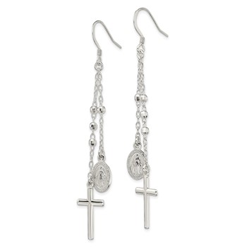 Sterling Silver Polished Miraculous Medal & Latin Cross Beaded Multi-Strand Dangle Earrings — alternate view