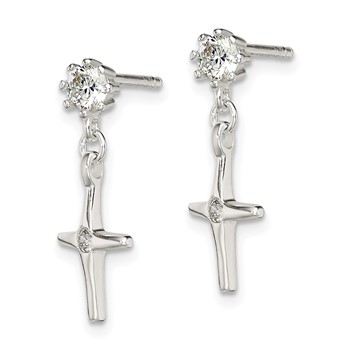Sterling Silver Polished CZ Cross Post Dangle Earrings — alternate view