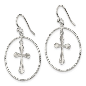 Sterling Silver Polished & Diamond-cut Cross Circle Dangle Earrings — alternate view