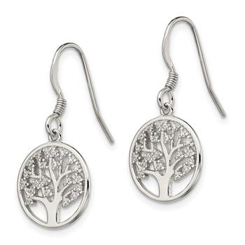 Sterling Silver Rhod-pltd CZ Tree of Life Dangle Shepherd Hook Earrings — alternate view