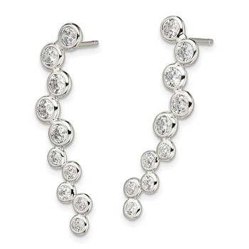 Sterling Silver Rhod-plated Polished Bezel CZ Post Ear Climber Earrings — alternate view