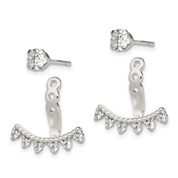 Sterling Silver Polished Beaded Curve & CZ Front & Back Post Earrings — alternate view