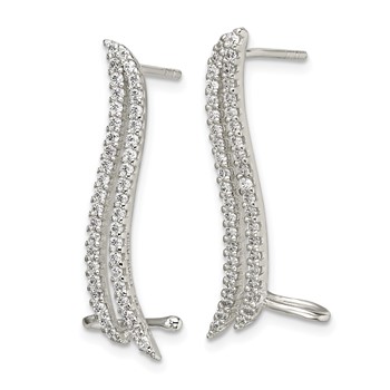 Sterling Silver Polished CZ Double Row Post & Cuff Ear Climber Earrings — alternate view