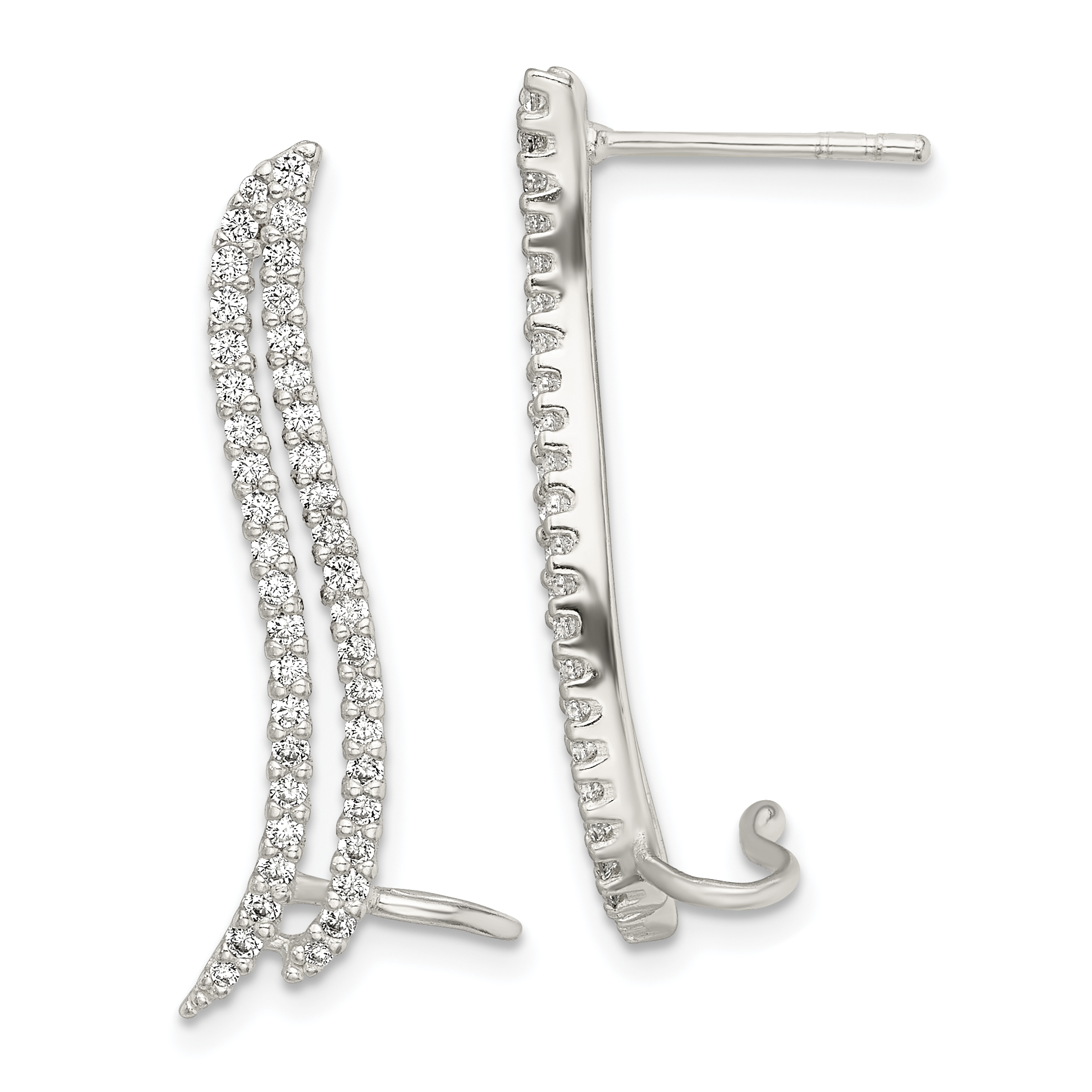 Sterling Silver Polished CZ Double Row Post & Cuff Ear Climber