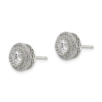 Sterling Silver Rhod-plated Polished Pavé CZ Halo Round Post Earrings — alternate view