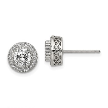 Sterling Silver Rhod-plated Polished Pavé CZ Halo Round Post Earrings