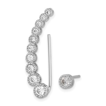 Sterling Silver RH-plated Polished & Textured CZ 1 Ear Climber & 1 Stud Ear — alternate view