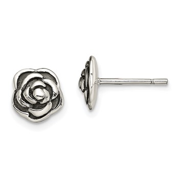 Sterling Silver Antiqued Rose Post Earrings