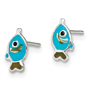 Sterling Silver Polished Enameled Fish Post Earrings — alternate view
