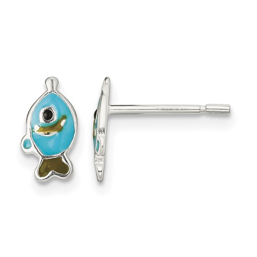 Sterling Silver Polished Enameled Fish Post Earrings
