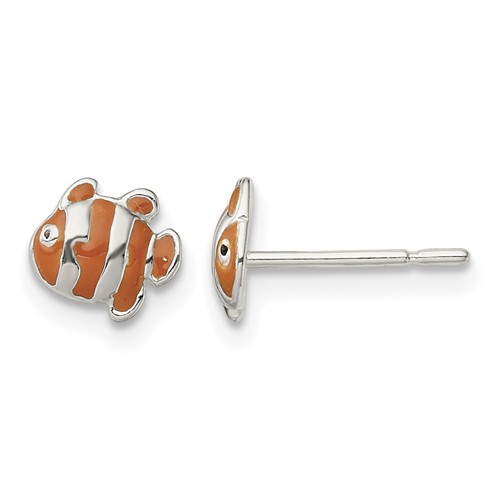 Sterling Silver Polished Enameled Clown Fish Post Earrings