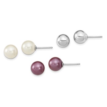 Sterling Silver Rh-pl 8-9mm Purple/Wht Imitat Shell Pearl Post 3 Earring Se